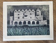 Kenneth Godden signed screenprint, titled in pencil 'Stomths Farm Buildings', unframed. Image size
