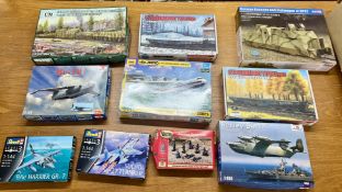 A collection of model kits makes by T-Models, Revell, Hobby Boss, etc, to include 'Schuco SU27