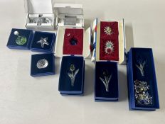 Swarovski Crystal Glass, a small collection including two Tulip display stands, red and blue hearts,