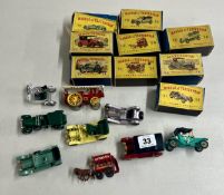 Matchbox and models of yesteryear, 9 models boxed, including Y9, Y7, Y14,Y16, Y8, Y12, Y1, Y5, Y15.