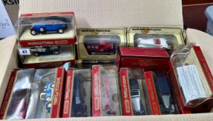 A collection of model vehicles makes 'Corgi', 'Matchbox', to include Matchbox Y-36-B, Y-18 Cord, Y-