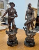 A pair 19th century French spelter figures (Le Semeur) on socle bases, 40cm