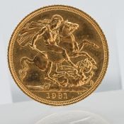 A Queen Elizabeth II 1981 gold full sovereign.