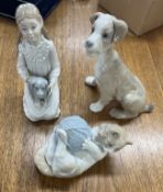 Lladro dog, and two Nao ornaments (1 damaged)