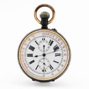 A steel chronograph pocket watch with outer early tachymeter track for racing and written 'Miles Per