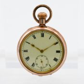 A gold plated open face pocket watch with keyless movement, the dial with roman numerals and