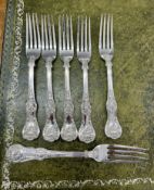 Set 6 heavy gauge London (GA) silver dinner forks, approx 20.25oz.