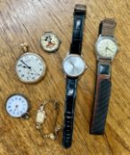 Ingersoll Mickey Mouse watch, an open faced pocket watch, two gents watches and silver fob watch (