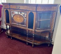 Edwardian rosewood and marquetry inlaid side cabinet fitted with glass serpentine doors and lower