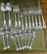A collection of Victorian London flatware, mixed makers, comprising 9 forks and 10 spoons, approx