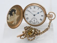 A Waltham 9 carat gold full hunter pocket watch with subsidiary second dial and guard chain (guard