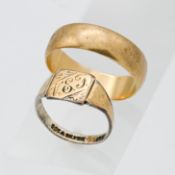 A 9ct gold wedding band, approx 4g together with a 9ct signet ring.