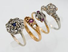 4 various dress rings, including 18 c ruby stone ring (lacks 2 stones), weight 2.9g, a 14 cut