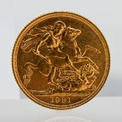 A Queen Elizabeth II 1981 gold full sovereign.