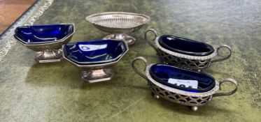 A collection of five table salts (one missing glass liner) including a pair of George V, Birmingham,