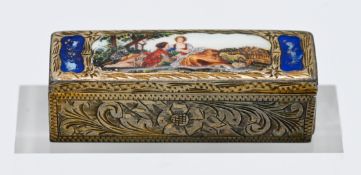 A rectangular compact with enamel scene, the hinge lid with mirror and lipstick box made in Italy,