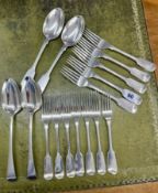 A collection of silver flatware incl 4 Georgian London table spoons, 5 Georgian Exeter table
