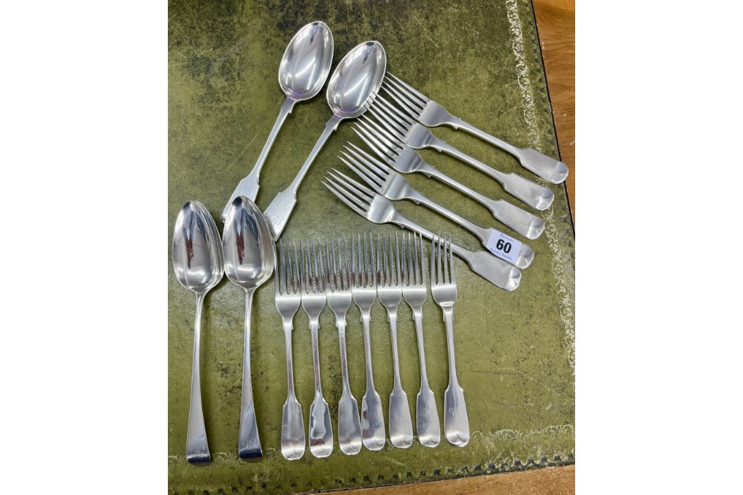 A collection of silver flatware incl 4 Georgian London table spoons, 5 Georgian Exeter table