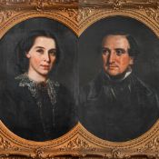 Pair of 19th century portraits in oval original gilt frames, overall size 78cm x 67cm. Depicting