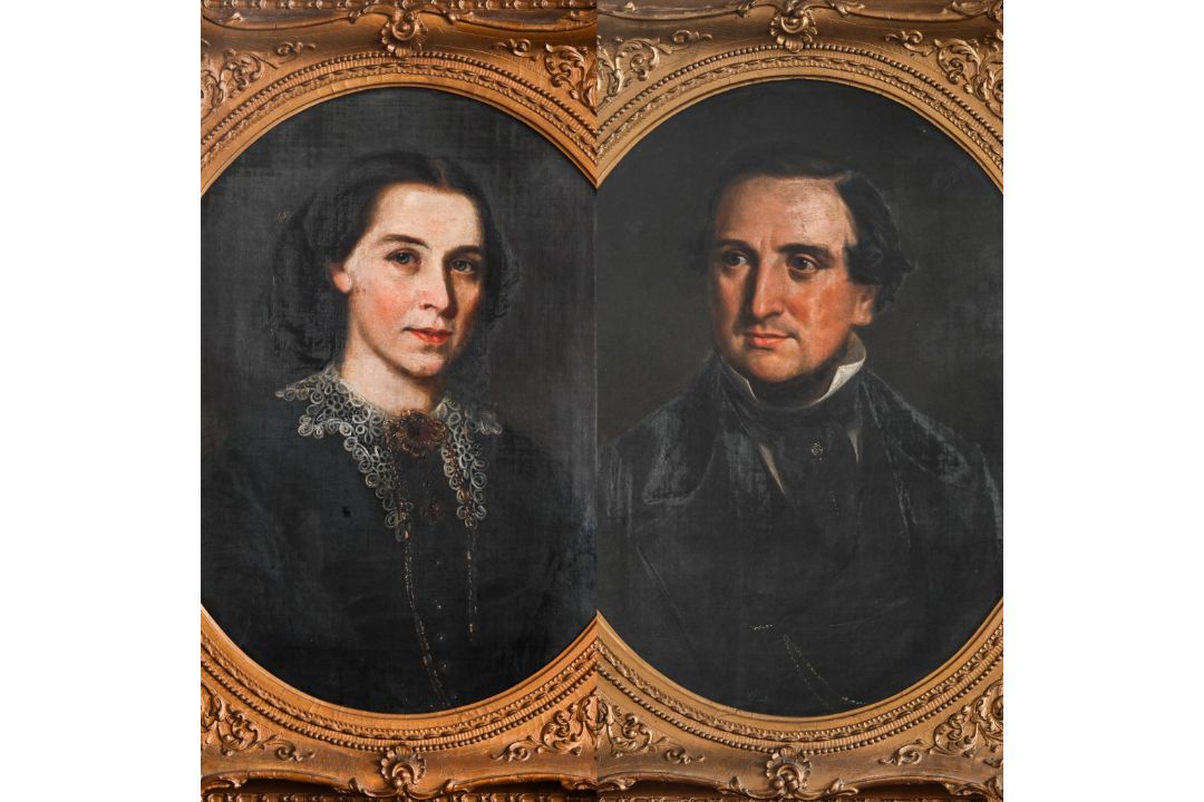 Pair of 19th century portraits in oval original gilt frames, overall size 78cm x 67cm. Depicting - Image 1 of 4