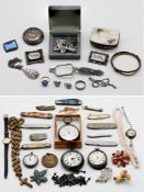 A collection of various items including old pocket watches, silver, sundry brooches, wristwatch,