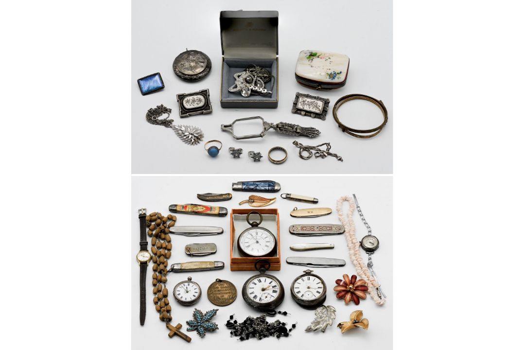 A collection of various items including old pocket watches, silver, sundry brooches, wristwatch,