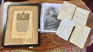 A WWI Memorial original memorial scroll with original letters throughout the war period, to