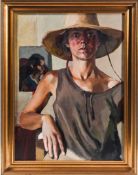 Louise Courtnell (1963-) oil on board, self portrait in hat, framed, overall size 62cm x 48cm.