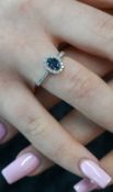 An 18ct white gold sapphire and diamond cluster ring, size N.
