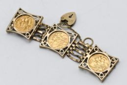 A 9ct gold gate bracelet, set within three half sovereigns two 1911, one 1907, with padlock and