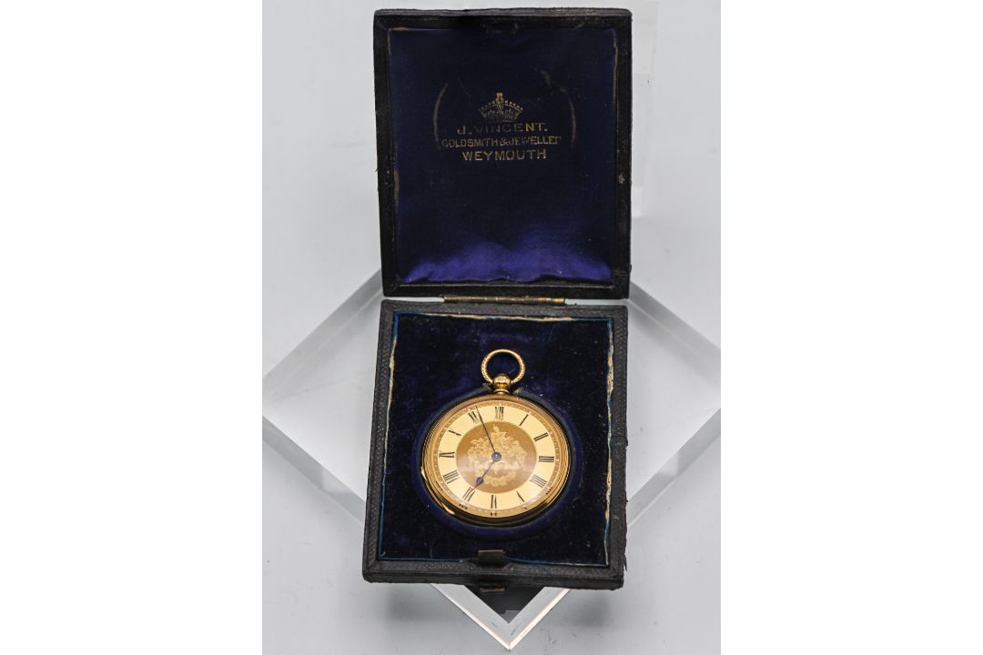 A 18ct antique gold pocket watch, 46.3 grams, the dial with roman numerals, with engine turned - Image 1 of 2