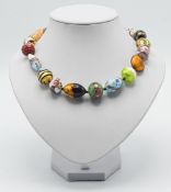 A Murano ornate enamelled glass necklace, handmade and set in sterling silver, Venezia.