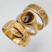A 9ct gold buckle ring, together with a hardstone set signet ring and a band ring, marked 'Forever