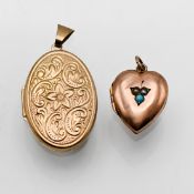 Two 9ct gold lockets, one set with turquoise, approx. 8g.