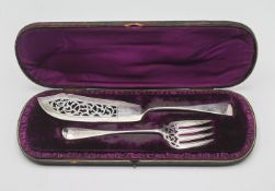 A silver fish serving knife and fork in original fitted case, hallmarked London 1884, maker John