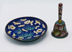 A cloisonne enamel floral decorated bell, together with an enamel dish decorated with bamboo