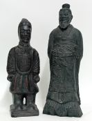 A pair of black terracotta Chinese figures, replicas of the terracotta army, with detachable head (