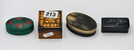 Four small boxes, to include an inlaid wooden box, an oval horn box, a black box with incomplete