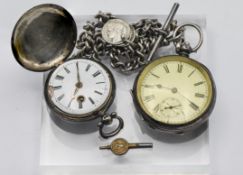 A Victorian silver pocket watch and chain with three Victorian pennies attached, enamel Roman