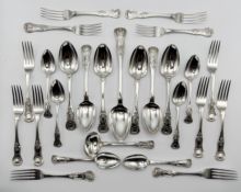 A set of William IV King's pattern flatware, comprising of a basting spoon, six serving spoons,