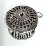 A silver pomander, with hanging hook, diameter 5cm, overall weight 1.46oz.