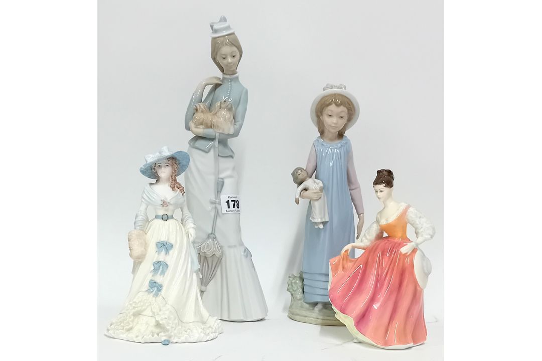 Two Doulton Coalport figurines, depicting 'Emma Hamilton' and 'Fair Lady', together with two