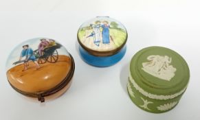 Three small boxes, to include an early enamel pot decorated with Chinese figures in a handcart, a
