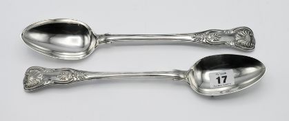 A set of two King's pattern William IV basting spoons with shell back, hallmarked London 1837, maker