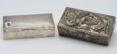 A silver cigarette case, hallmarked Birmingham 1950, with fitted wood interior, inscription to H.