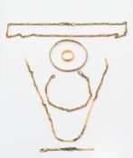 A collection of gold jewellery, to include a ring, bangle, matching necklace and bracelet, and