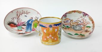 Two Chinese Export Ware saucers, decorated with horses and figures, together with a gilt cup