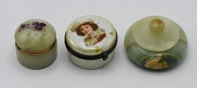 Three small boxes, to include a porcelain patch box with painted decoration of an 18th century lady,