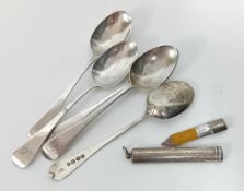 A set of five silver William IV teaspoons, hallmarked London 1833, together with a silver pencil