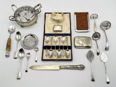 Collection of silver and silver plate items, comprising of a cuff bracelet with dragonfly motif,